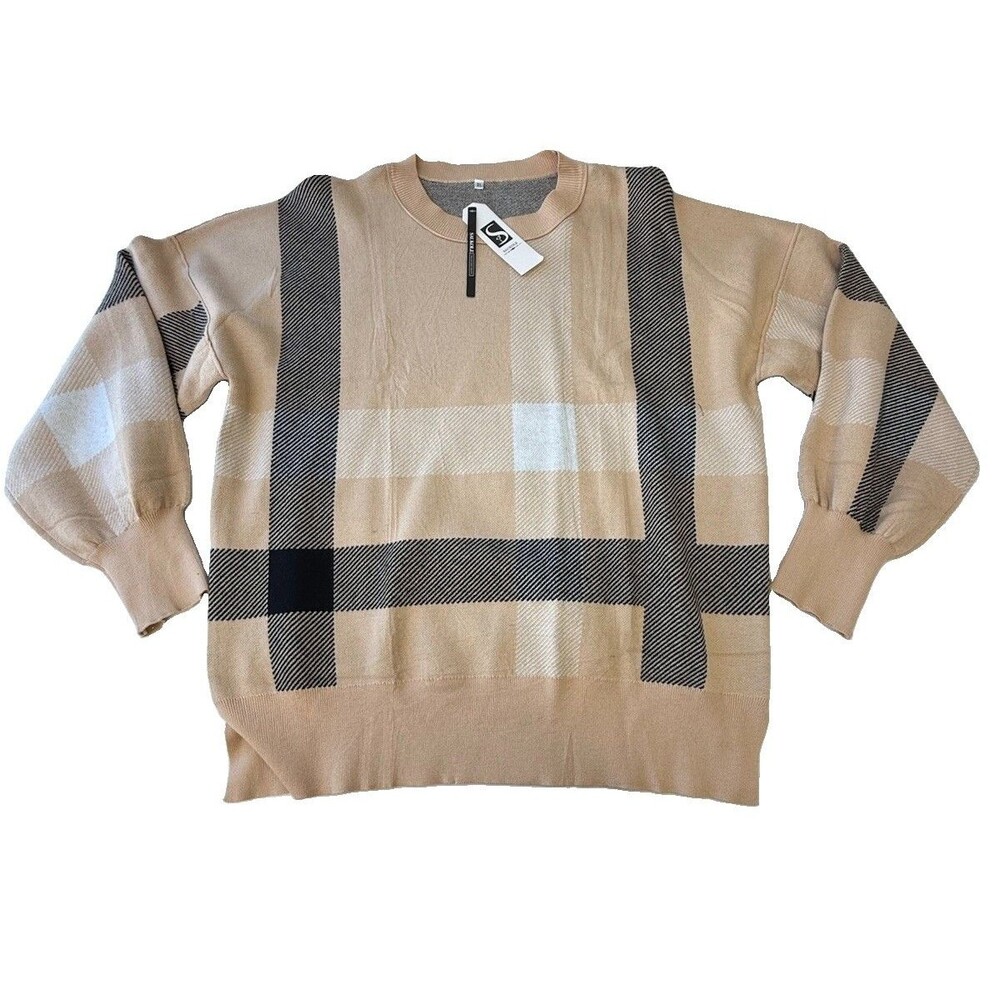 SAUKOLE XL Plaid Sweater Beige Black White Checkered Oversized Crewneck